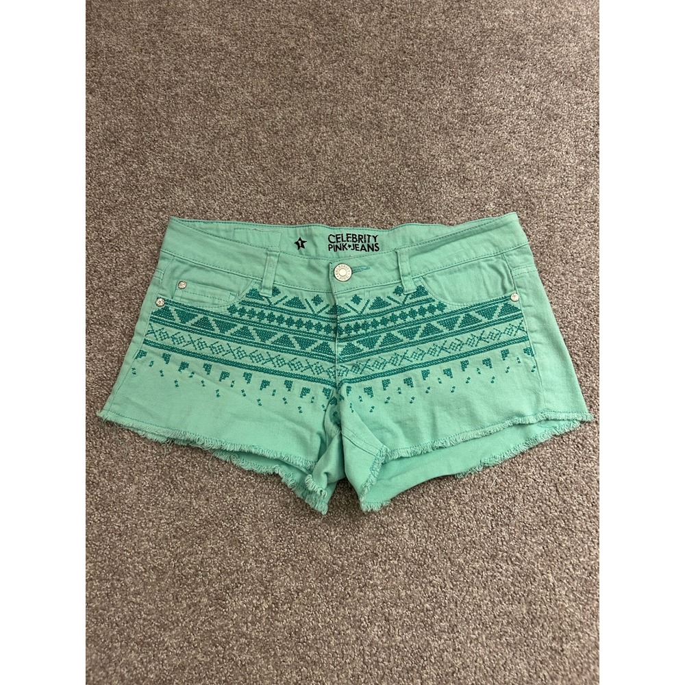 Celebrity Pink Denim Shorts Womens 1 Green Excellent Embroidered CJ30161F22